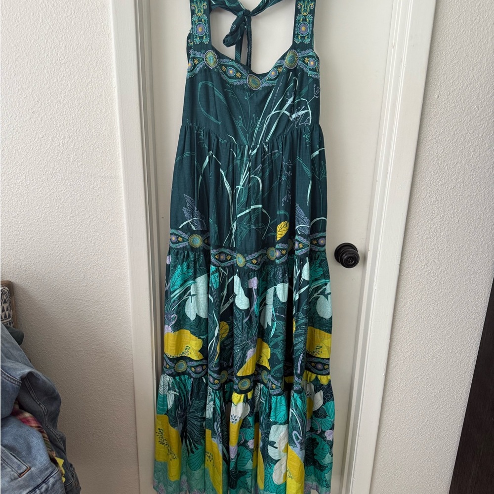 Anthropologie Green and Yellow Maxi Dress